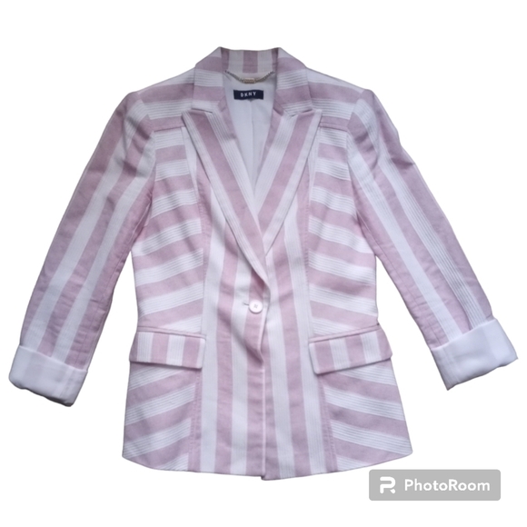 DKNY Pink and White Striped Blazer Size 4P - Picture 5 of 15